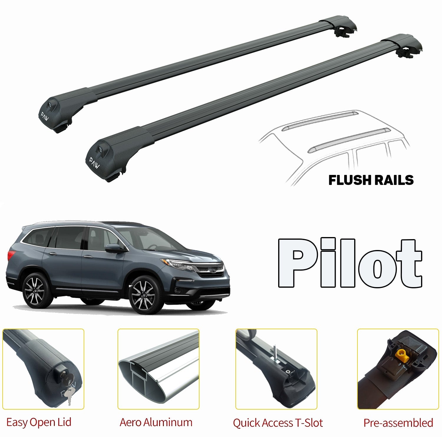 For Honda Pilot Roof Rack Cross Bars For of Flush Rails Black 2016--> For Honda Pilot Roof Rack Cross Bars For of Flush Rails Black 2016-->